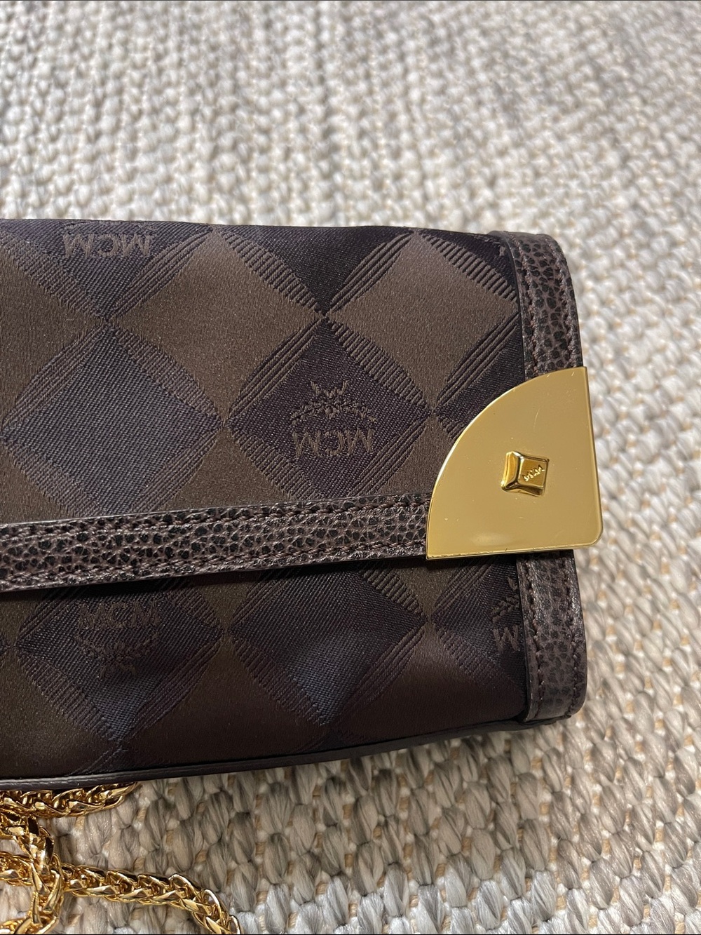 MCM Brown Logo Foldover Clutch/Wallet on Chian with Gold Hardware - Picture 3 of 11